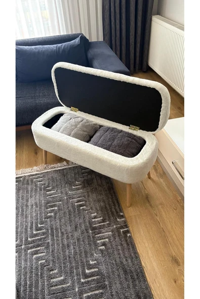 Fahrettin Küçük OSLO Wellsoft Kırık Beyaz Sandıklı Puf Kedi Yatağı Makyaj Masası Pufu Salon Pufu Orta Sehpa - 5