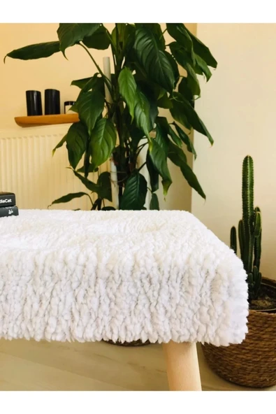 Fahrettin Küçük Gürgen Retro Ahşap Ayaklı Handmade Beyaz Pofidik Puf Bench Koltuk Sandalye - 3