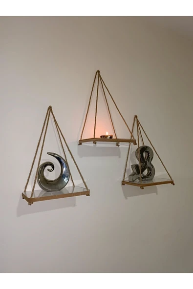 Fahrettin Küçük Halatlı Raf Kitaplık Ipli Duvar Rafı Mumluk Aksesuar Rafı Anahtarlık 3 Adet - 3