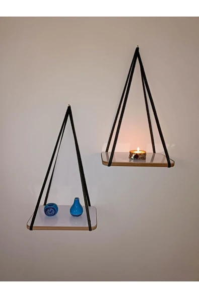 Fahrettin Küçük Duvar Rafı Ipli Mumluk Şeritli Raf Kitaplık Aksesuar Rafı Anahtarlık 2'li - 2