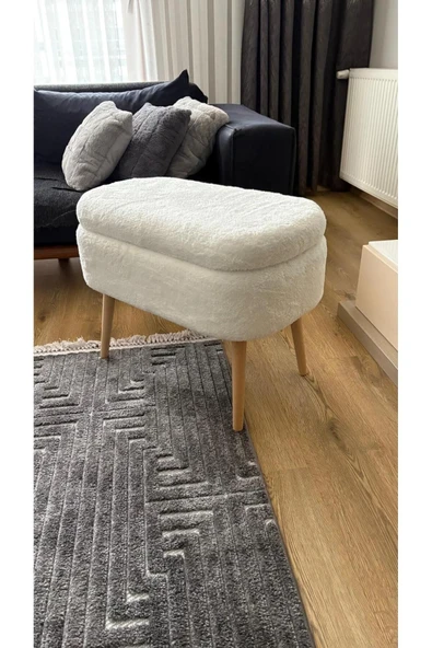 Fahrettin Küçük MİNİ OSLO Wellsoft Kırık Beyaz Sandıklı Puf Kedi Yatağı Makyaj Masası Pufu Salon Pufu Orta Sehpa - 3