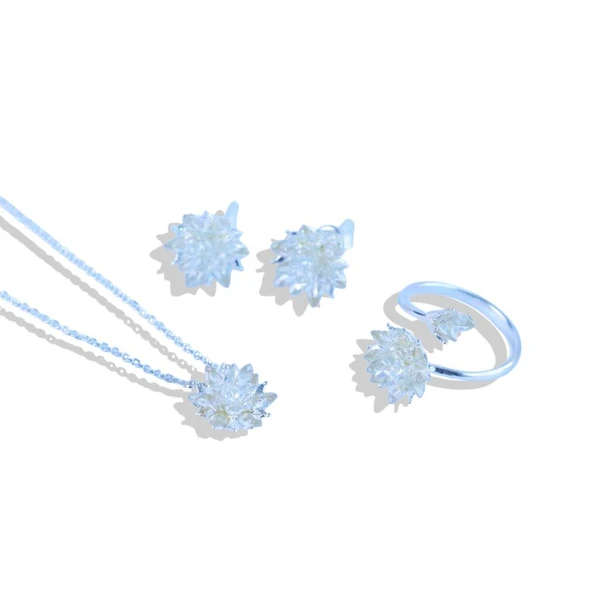 Zirkon Taşlı Lotus Çiçekli Gümüş Set - Resim 6