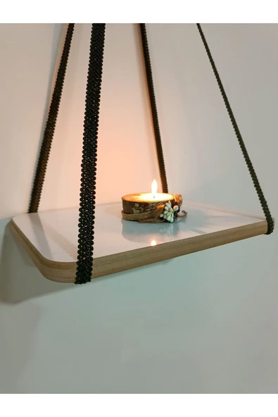 Fahrettin Küçük Duvar Rafı Ipli Mumluk Şeritli Raf Kitaplık Aksesuar Rafı Anahtarlık 2'li - 3