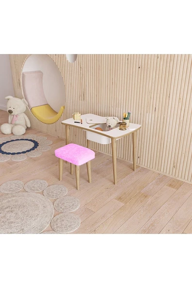Fahrettin Küçük Çocuk Masası Aktivite Masası Çalışma Masası Oyun Masası Pembe Puflu Tabureli