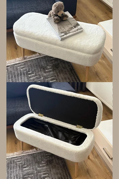Fahrettin Küçük OSLO Wellsoft Kırık Beyaz Sandıklı Puf Kedi Yatağı Makyaj Masası Pufu Salon Pufu Orta Sehpa