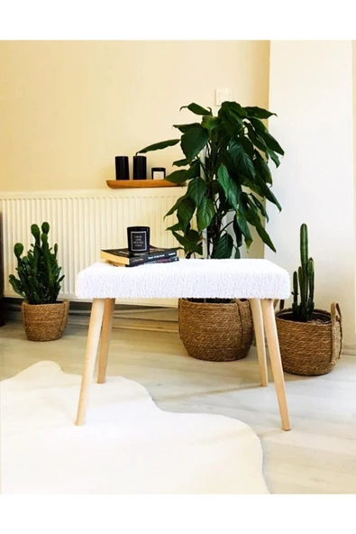 Fahrettin Küçük Gürgen Retro Ahşap Ayaklı Handmade Beyaz Pofidik Puf Bench Koltuk Sandalye