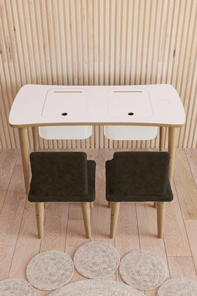 Fahrettin Küçük Montessori Çocuk Masası Oyun Masası Aktivite Masası Çalışma Masası 2 Adet Siyah Welsoft Sandalyeli - 2