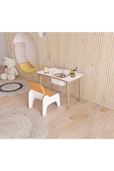Fahrettin Küçük Montessori Çocuk Masası Oyun Masası Aktivite Masası Çalışma Masas - Puflu Sandalyeli