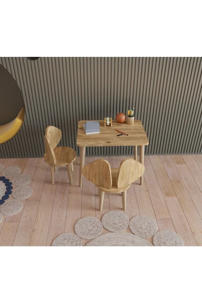 Fahrettin Küçük Montessori Çocuk Masası Oyun Masası Fil Kulaklı Aktivite Masası Çalışma Masası 2 Adet Sandalyeli