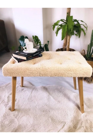 Fahrettin Küçük Gürgen Retro Ahşap Ayaklı Handmade Krem Pofidik Puf Bench Koltuk Sandalye - 3