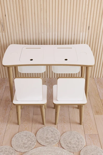 Fahrettin Küçük Montessori Çocuk Masası Oyun Masası Aktivite Masası Çalışma Masası - 2 Adet Sandalyeli 45x90 Cm - 2