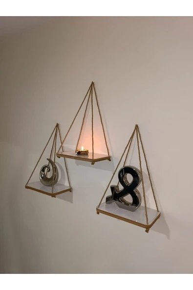 Fahrettin Küçük Halatlı Raf Kitaplık Ipli Duvar Rafı Mumluk Aksesuar Rafı Anahtarlık 3 Adet - 2