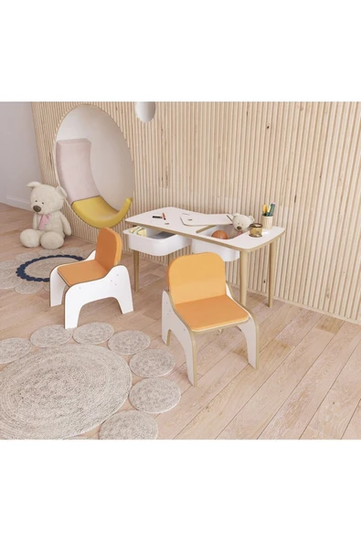 Fahrettin Küçük Montessori Çocuk Masası Oyun Masası Aktivite Masası Çalışma Masası - 2 Adet Puflu Sandalyeli