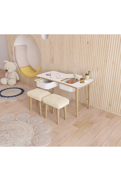 Fahrettin Küçük Montessori Çocuk Masası Oyun Masası Aktivite Masası Çalışma Masası - 2 Adet Welsoft Beyaz Puflu