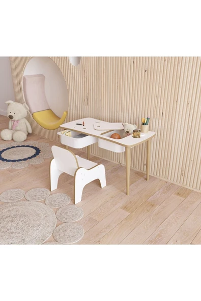 Fahrettin Küçük Montessori Iki Çekmeceli Aktivite Oyun Çalışma Masası 1 Adet Puflu Sandalyeli