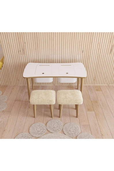Fahrettin Küçük Montessori Çocuk Masası Oyun Masası Aktivite Masası Çalışma Masası - 2 Adet Welsoft Beyaz Puflu - 2