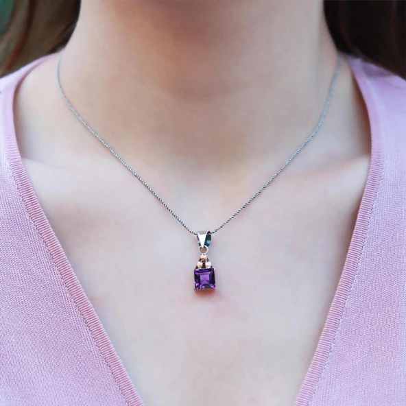 Ametist Taşlı Gümüş Otantik Kolye Küpe - Resim 3