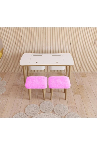 Fahrettin Küçük Montessori Çocuk Masası Oyun Masası Aktivite Masası Çalışma Masası - 2 Adet Welsoft Pembe Puflu