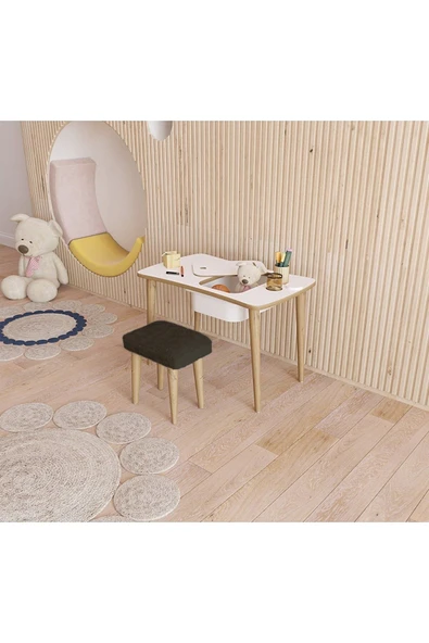 Fahrettin Küçük Montessori Çocuk Masası Aktivite Masası Çalışma Masası Oyun Masası Siyah Puflu Tabureli