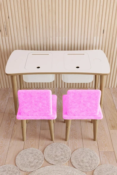 Fahrettin Küçük Montessori Çocuk Masası Oyun Masası Aktivite Masası Çalışma Masası - 2 Adet Pembe Welsoft Sandalyeli - Resim 2