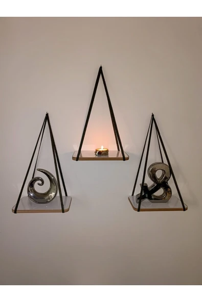 Fahrettin Küçük Duvar Rafı Ipli Mumluk Şeritli Raf Kitaplık Aksesuar Rafı Anahtarlık 3'lü - 2