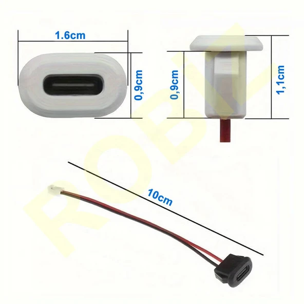 Type C Panel Montaj Dişi Soket 2 Pin 10cm Kablolu Beyaz  Uzatma Konnektör Araba Kamera Oyuncak Telefon Şarj Mp3 Tablet - 2