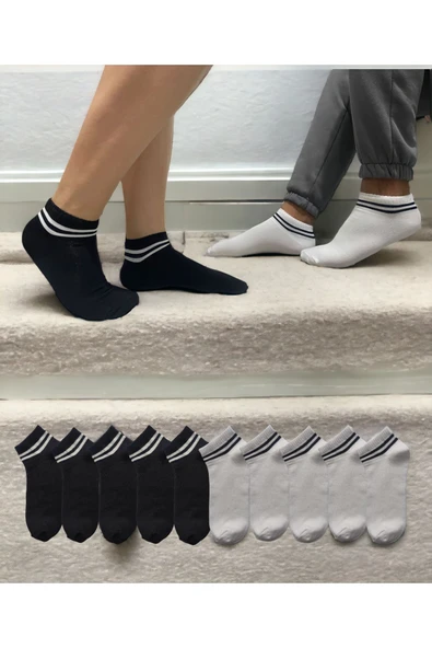 10 Çift Unisex Şeritli Siyah Ve Beyaz Karışık Patik Çorap