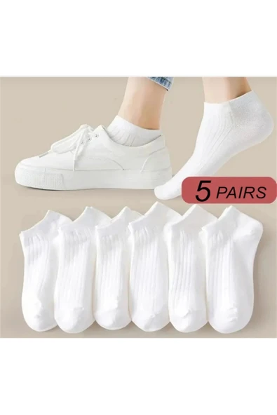 5 Çift Derby Desenli Beyaz Kadın Patik Çorap - Resim 2