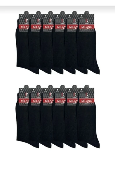 12 Adet Unisex Pamuklu Çorap Düz Siyah Uzun Desensiz - 1