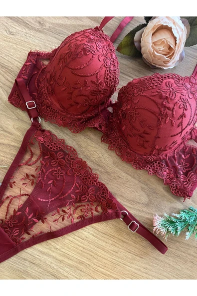 Dantelli  Destekli Kadın Bordo İç Çamaşır Takım Dolgulu Sütyen Takım - Resim 3