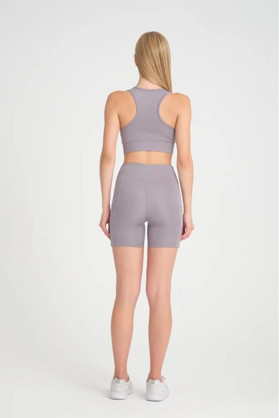 Kadın Gri Renk Pedli Destekleyici Toparlayıcı Fermuarlı Crop Sporcu Atleti - Resim 6