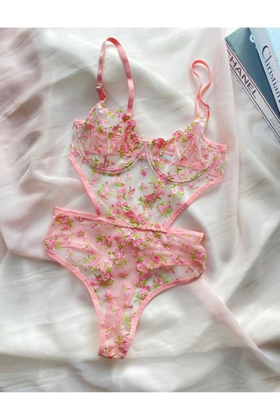 Nakış İşlemeli Çiçek Desenli Pembe Bodysuit ürün görseli
