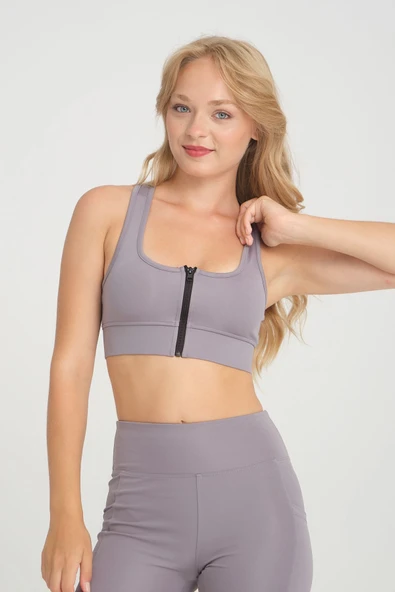 Kadın Gri Renk Pedli Destekleyici Toparlayıcı Fermuarlı Crop Sporcu Atleti - Resim 4