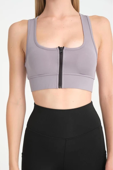 Kadın Gri Renk Pedli Destekleyici Toparlayıcı Fermuarlı Crop Sporcu Atleti ürün görseli