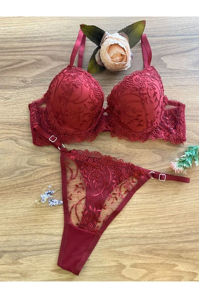 Dantelli  Destekli Kadın Bordo İç Çamaşır Takım Dolgulu Sütyen Takım ürün görseli