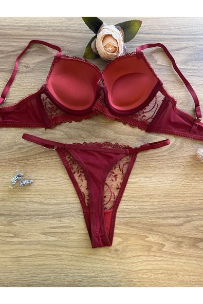 Dantelli  Destekli Kadın Bordo İç Çamaşır Takım Dolgulu Sütyen Takım - Resim 4