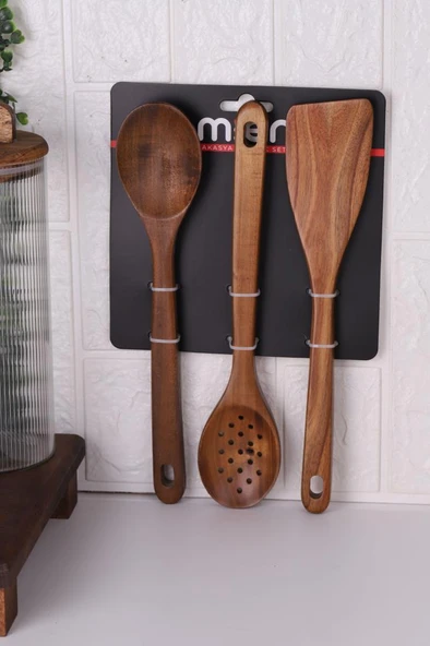 Atby Akasya Ahşap 3'lü Mutfak Kaşık Seti Delikli Kaşık Karıştırma Kaşığı ve Spatula - 2