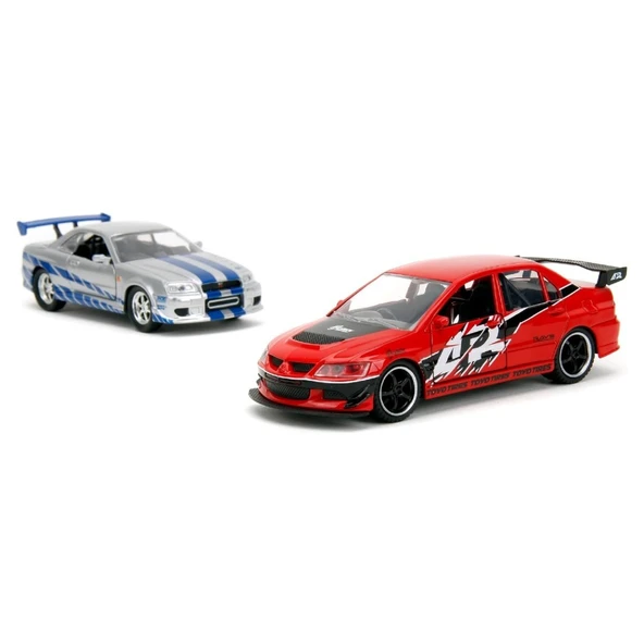 Jada 1:32 Fast & Furious Legacy Series Twin Pack W4/2 Mitsubishi Evo IX & Brian's Nissan Skyline - Resim 3