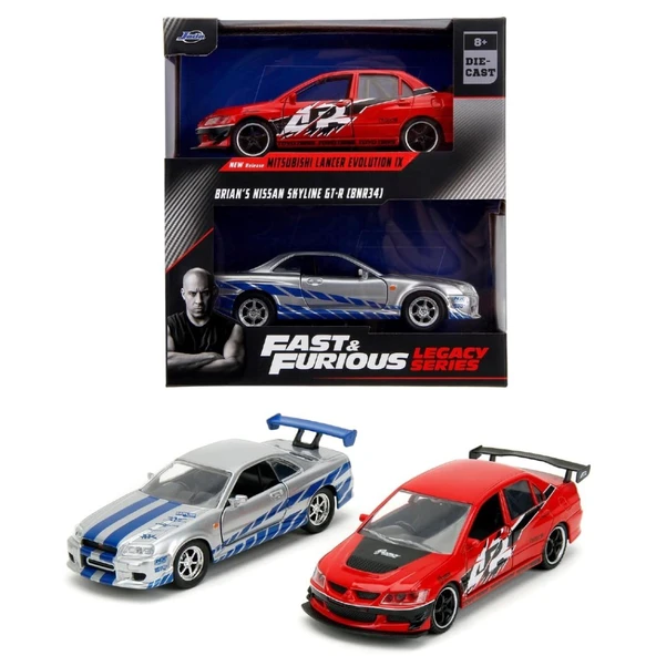 Jada 1:32 Fast & Furious Legacy Series Twin Pack W4/2 Mitsubishi Evo IX & Brian's Nissan Skyline ürün görseli 1