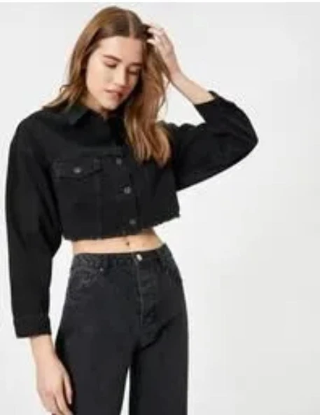 Crop Denim Siyah Kadın Ceket