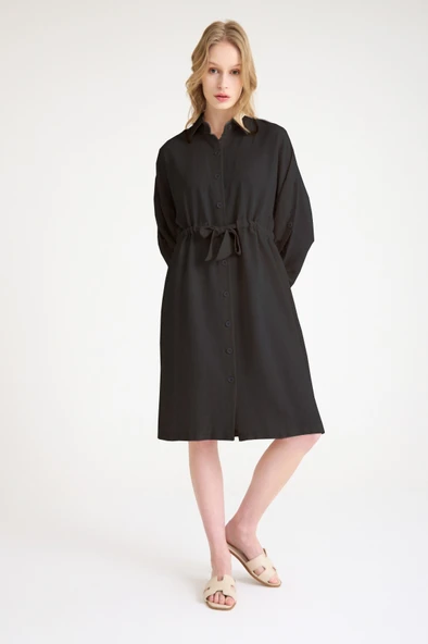 Keten Günlük Rahat Beli Kemerli Kadın Gömlek Siyah Elbise ürün görseli 1
