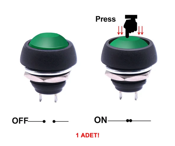 12mm PBS-33B 2 Pin Push Buton Yeşil  ON OFF 1A 250V Mini Yuvarlak Su Geçirmez Anahtar Momentary Switch - 3