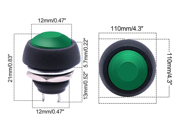 12mm PBS-33B 2 Pin Push Buton Yeşil  ON OFF 1A 250V Mini Yuvarlak Su Geçirmez Anahtar Momentary Switch - 7