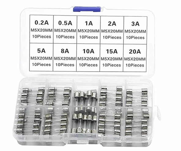 Cam Tüp Sigorta Seti 100 Parça  0.2A 0.3A 1A 2A 3A 5A 8A 10A 15A 20A Yüksek Voltaj Aşırı Akım Kısa Devre Televizyon Vantilatör Bilgisayar Buzdolabı Tost Makinesi - Resim 6