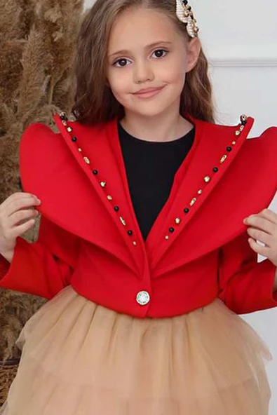Kız Çocuk V Yaka ve Taş Detaylı Ceket Kırmızı Etekli Takım - Resim 4