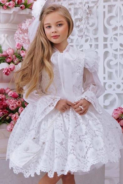 Kız Çocuk Yakası Şal Detaylı Omuzlar Fırfır İspanyol Kol Şeffaf Tül Dantel İşlemeli Beyaz Elbise - Resim 3