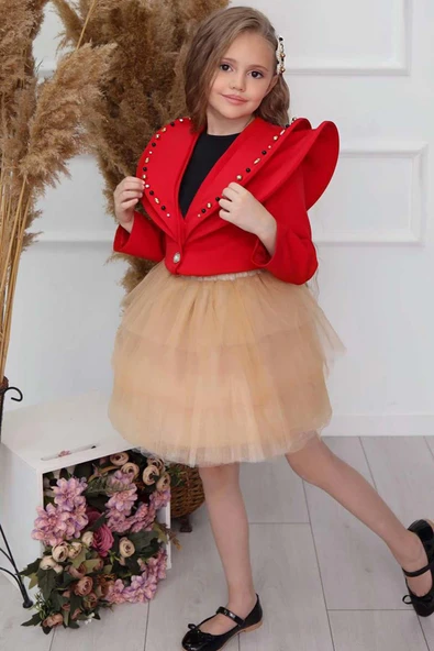 Kız Çocuk V Yaka ve Taş Detaylı Ceket Kırmızı Etekli Takım ürün görseli