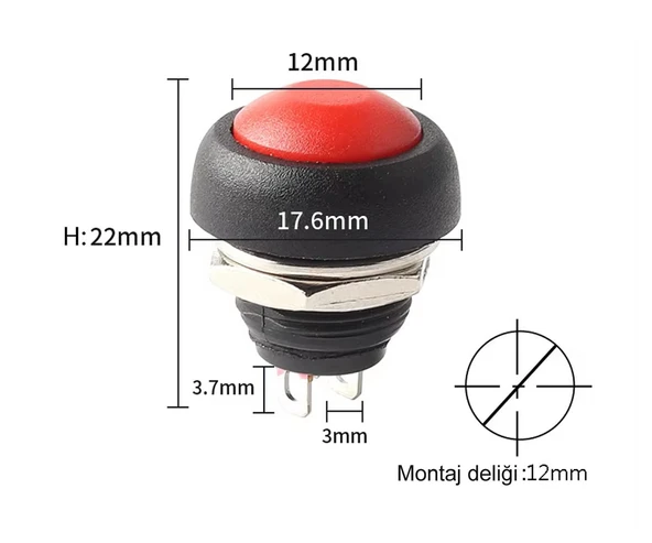 12mm PBS-33B 2 Pin Push Buton Kırmızı  ON OFF 1A 250V Mini Yuvarlak Su Geçirmez Anahtar Momentary Switch - Resim 7