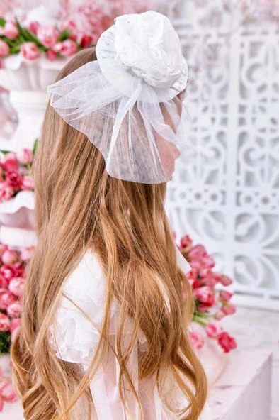 Kız Çocuk Yakası Şal Detaylı Omuzlar Fırfır İspanyol Kol Şeffaf Tül Dantel İşlemeli Beyaz Elbise - Resim 6