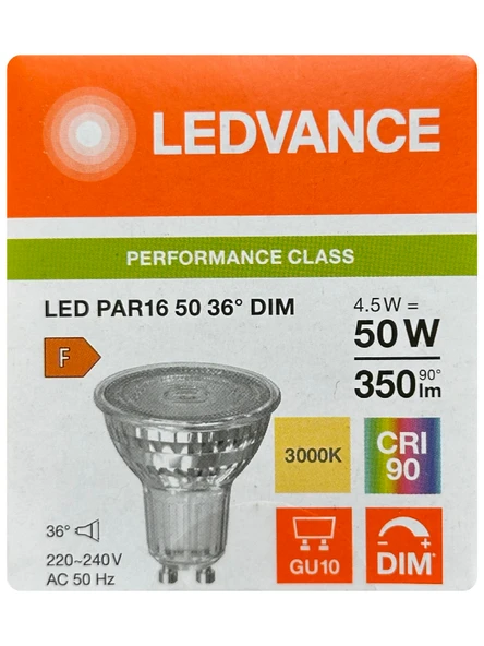 (1 Adet) Ledvance 4,5W (50W) 3000K (Sarı Işık) Dim Edilebilir GU10 Duylu Led Spot Ampul